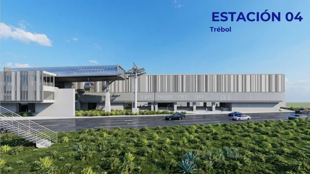Render exterior de la Estación 04 Trébol del AeroMetro Guatemala, con fachada moderna, torre de soporte y cabina suspendida sobre calzada Roosevelt