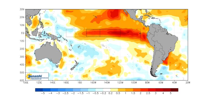 Mapa de anomalía de temperatura superficial del mar en el Océano Pacífico, donde se observa en tonos rojos el calentamiento asociado al fenómeno de El Niño, según datos de NOAA/AOML.
