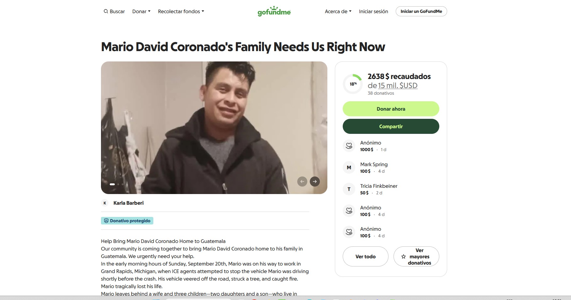 La colecta busca reunir US$15 mil para cubrir los gastos de repatriación de Mario David Coronado Juárez a Guatemala. (Foto Prensa Libre: Captura de pantalla)