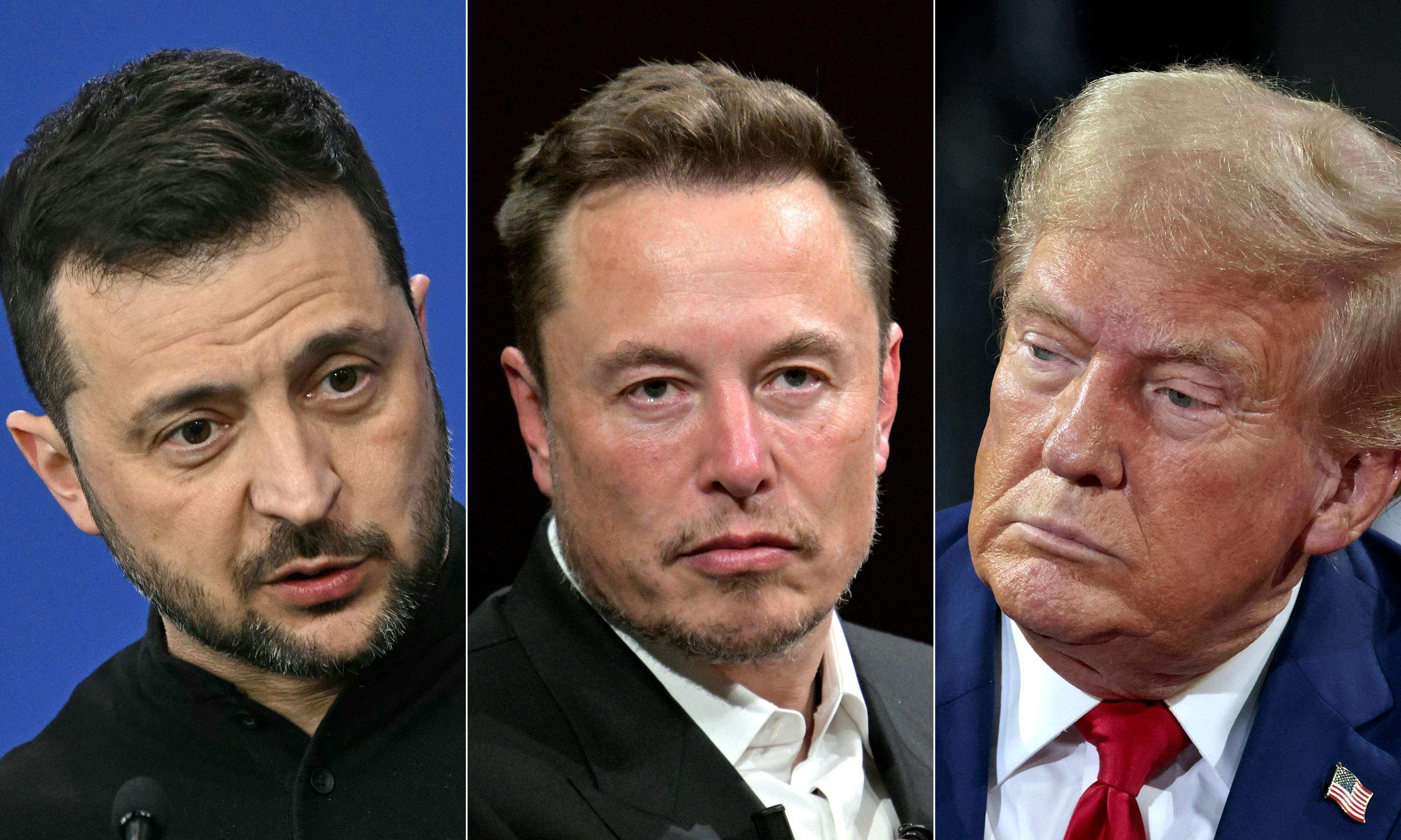 (COMBO) This combination of pictures created on November 08, 2024 shows Ukraine's President Volodymyr Zelensky (L) gives a press conference at the European Political Community Summit in Budapest, Hungary, on November 7, 2024, SpaceX, Twitter and electric car maker Tesla CEO Elon Musk (C) looks on as he speaks during his visit at the Vivatech technology startups and innovation fair at the Porte de Versailles exhibition center in Paris, on June 16, 2023, and former US President and Republican presidential candidate Donald Trump (R) attends a town hall meeting moderated by Arkansas Governor Sarah Huckabee Sanders at the Dort Financial Center in Flint, Michigan, on September 17, 2024. Elon Musk took part in a phone call between Ukrainian President Volodymyr Zelensky and US President-elect Donald Trump after his election victory, a senior Ukrainian official told AFP November 8, 2024. "I confirm it," the presidency official who asked to remain anonymous told AFP, saying that the claim in a report by US news site Axios about the call on Wednesday was accurate. The billionaire SpaceX founder was one of the most high-profile supporters of Trump's campaign and his presence during an official call underlines his close ties to the next US president. (Photo by AFP)