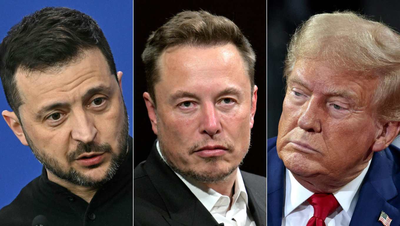 (COMBO) This combination of pictures created on November 08, 2024 shows Ukraine's President Volodymyr Zelensky (L) gives a press conference at the European Political Community Summit in Budapest, Hungary, on November 7, 2024, SpaceX, Twitter and electric car maker Tesla CEO Elon Musk (C) looks on as he speaks during his visit at the Vivatech technology startups and innovation fair at the Porte de Versailles exhibition center in Paris, on June 16, 2023, and former US President and Republican presidential candidate Donald Trump (R) attends a town hall meeting moderated by Arkansas Governor Sarah Huckabee Sanders at the Dort Financial Center in Flint, Michigan, on September 17, 2024. Elon Musk took part in a phone call between Ukrainian President Volodymyr Zelensky and US President-elect Donald Trump after his election victory, a senior Ukrainian official told AFP November 8, 2024. "I confirm it," the presidency official who asked to remain anonymous told AFP, saying that the claim in a report by US news site Axios about the call on Wednesday was accurate. The billionaire SpaceX founder was one of the most high-profile supporters of Trump's campaign and his presence during an official call underlines his close ties to the next US president. (Photo by AFP)