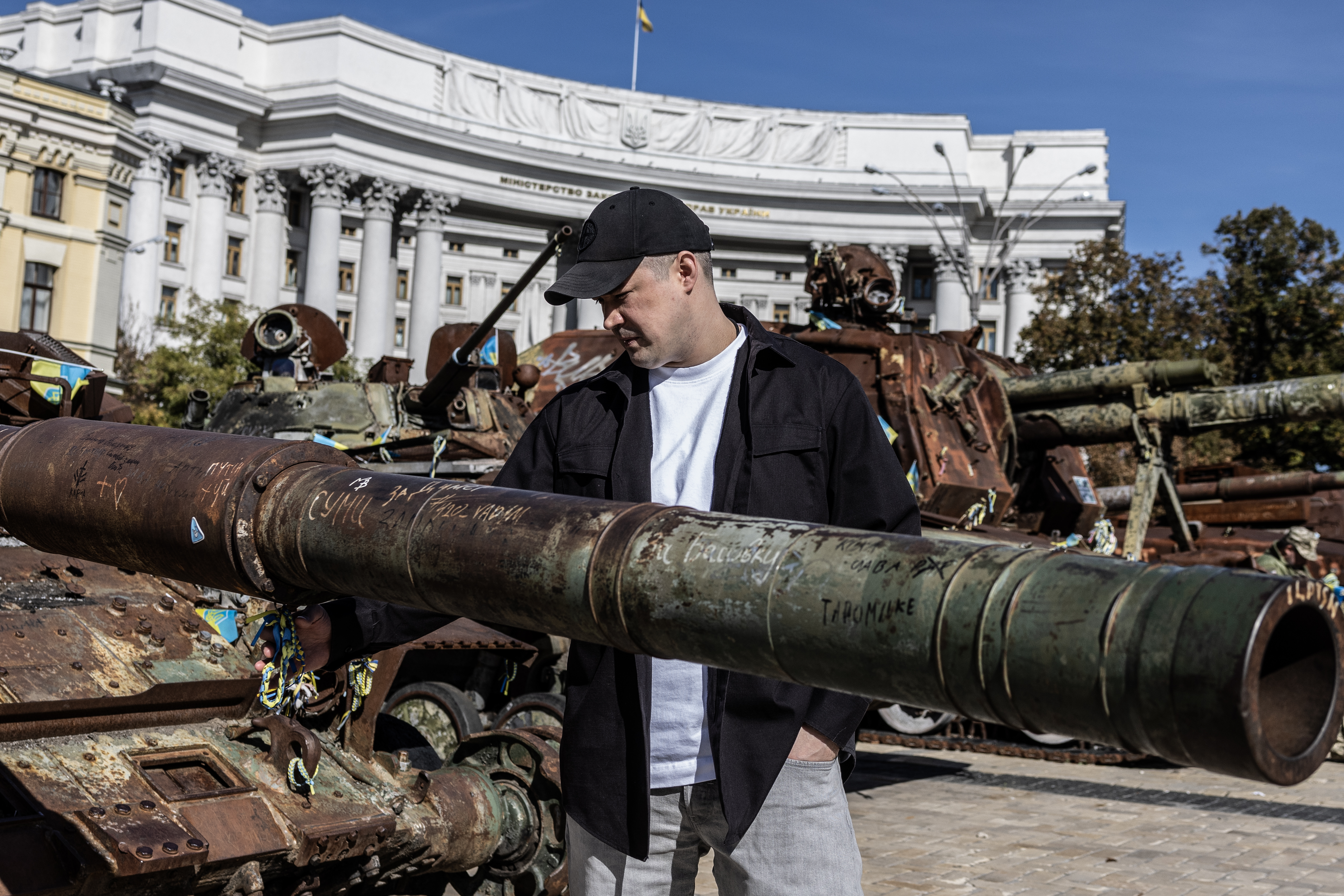 Mykhailo Fedorov, Ukraine’s former defense minister, looks at an exhibition in Kyiv last week of Russian military equipment destroyed in battle. (Heidi Levine/For The Washington Post)