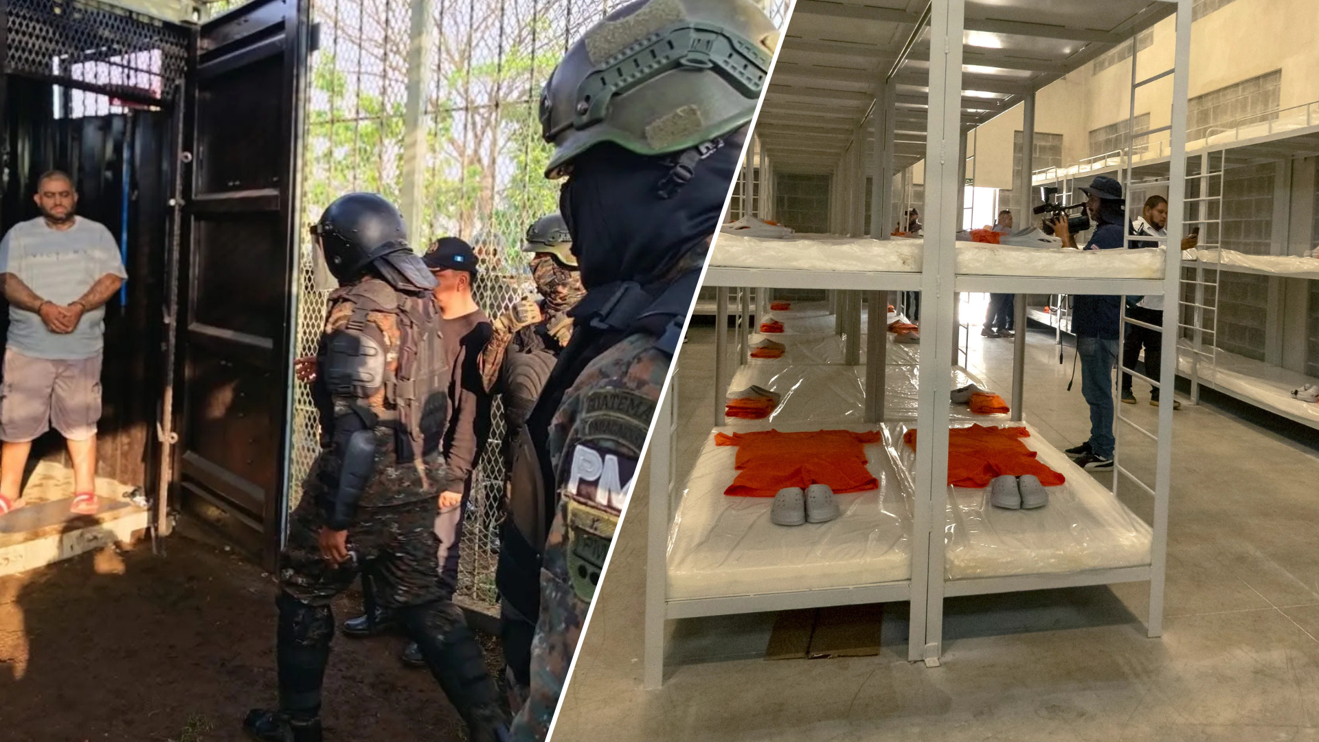 Fotocomposición comparativa que muestra a la izquierda a Aldo Dupie Ochoa Mejía, alias El Lobo, recluido dentro de un contenedor metálico adaptado en la cárcel Renovación 1 en Guatemala, y a la derecha el complejo permanente del Centro de Alta Contención Contra la Delincuencia Organizada (CACCO) en Costa Rica.