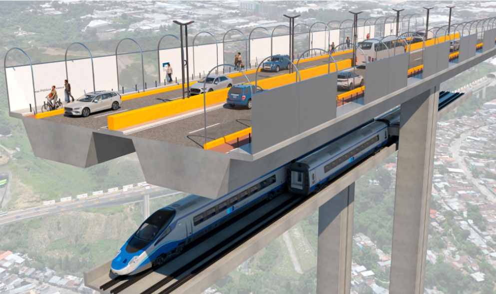 Diseño en 3D de la parte inferior del puente Frutal-Cenma, donde se contempla el paso del MetroRiel. (Foto, Prensa Libre, cortesía Municipalidad de Guatemala)
