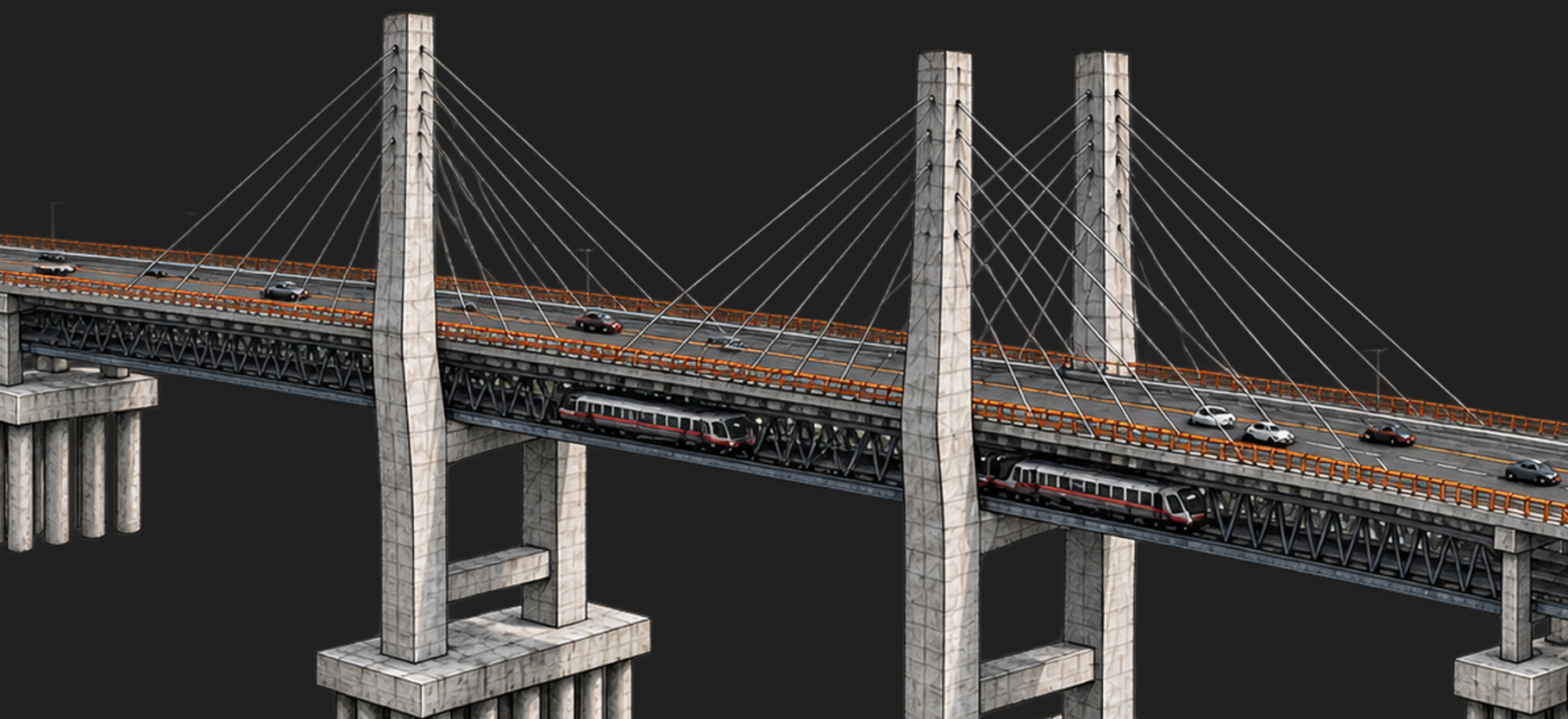Diseño en 3D de la parte inferior del puente Ch'utb'al, donde se contempla el paso del MetroRiel. (Foto, Prensa Libre, cortesía CIV)