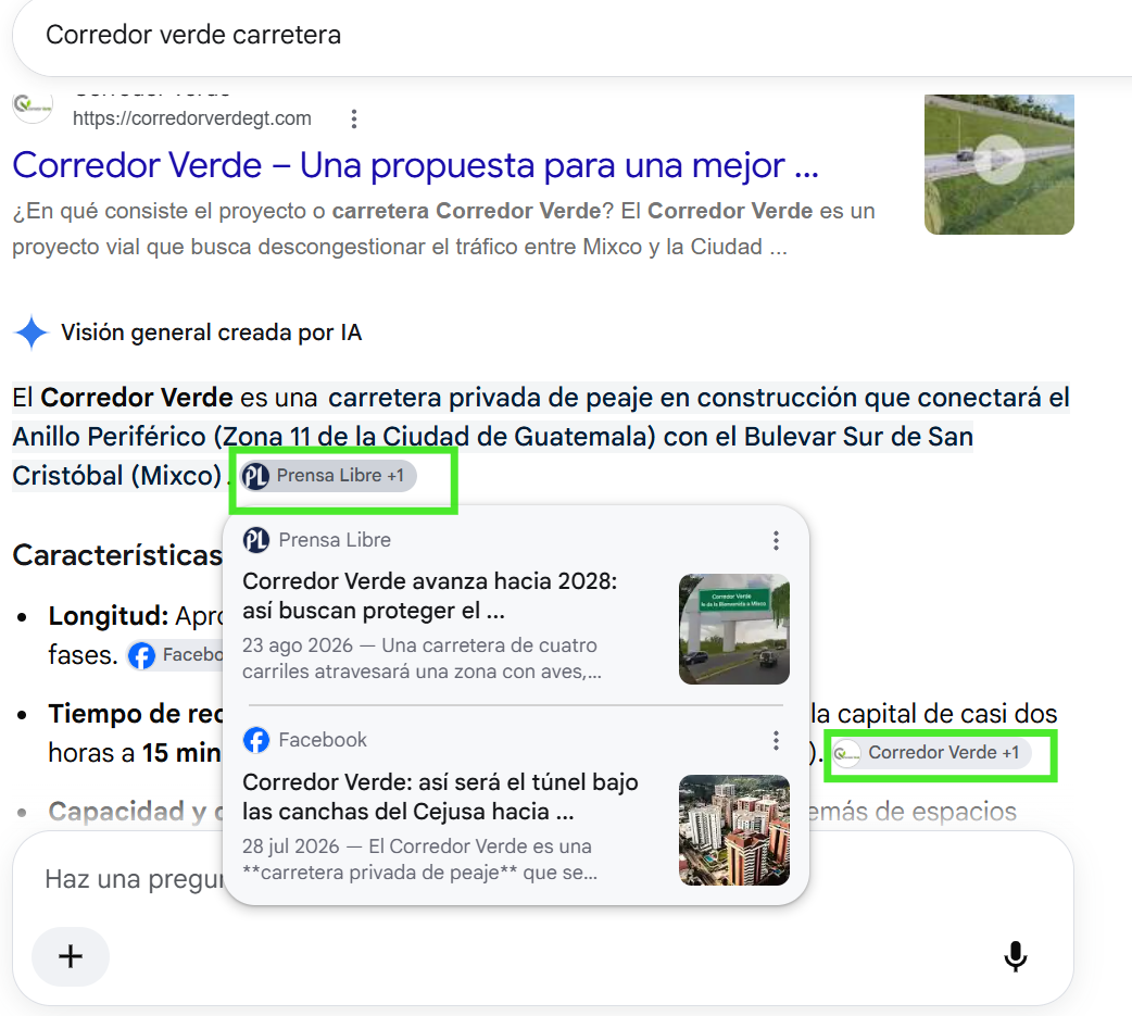 La imagen muestra los enlaces a las fuentes web que respaldan una respuesta generada por inteligencia artificial tras una consulta en el navegador. (Foto, Prensa Libre: captura de Pantalla)