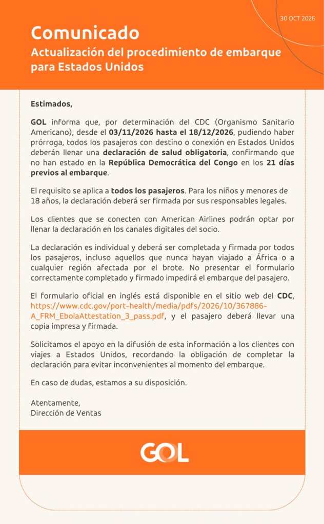 La aerolínea GOL, que no opera en Guatemala, muestra una de las formas de presentar la declaración sanitaria en formato impreso. Cada compañía aérea puede establecer el procedimiento que considere conveniente para recopilarla, ya sea físico o digital. (Foto, Prensa Libre: cortesía)