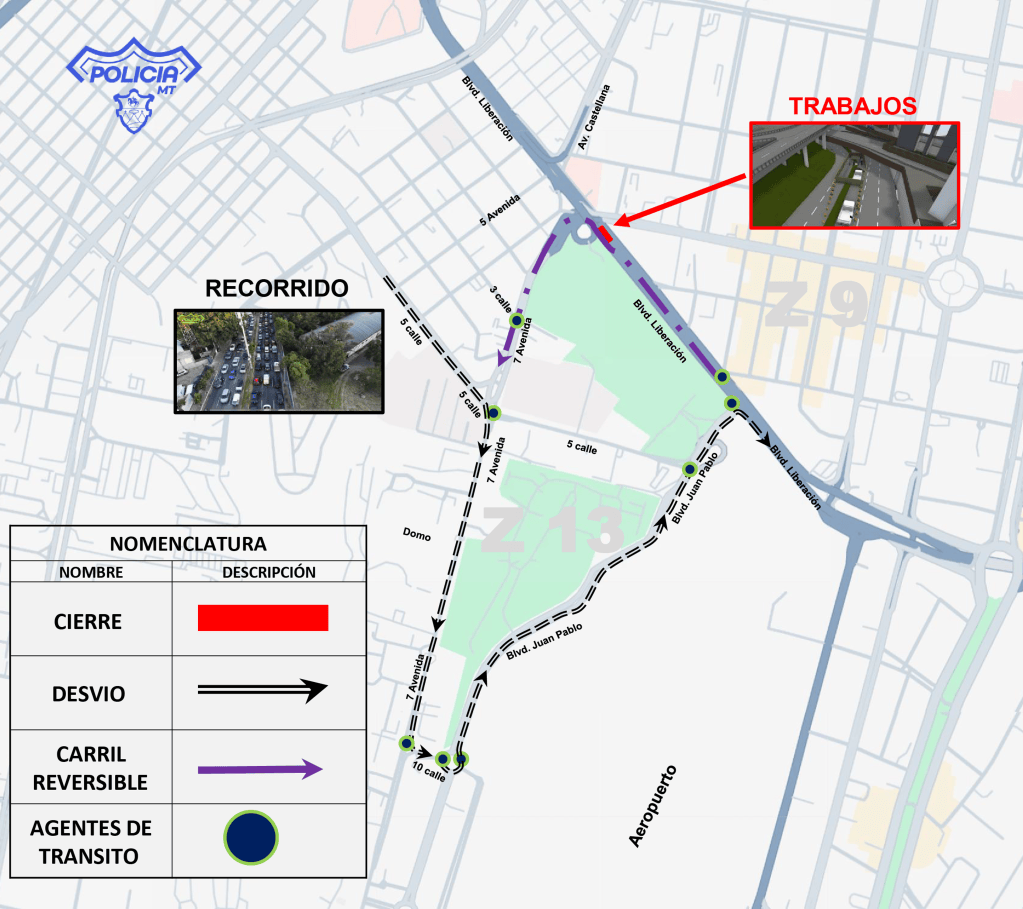 Mapa de desvío de tráfico en zona 13 por evento, desde 5 calle y 7 avenida (Pérgola) hacia Aeropuerto.