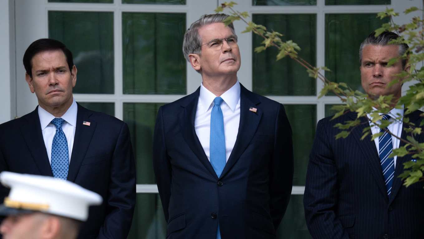 From left, Secretary of State Marco Rubio, Treasury Secretary Scott Bessent and Defense Secretary Pete Hegseth attend a military review at the White House last month. (Peter W. Stevenson/The Washington Post)
