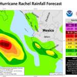 Imagen difundida por el Centro Nacional de Huracanes (NOAA, en inglés) del pronóstico de lluvias de la tormenta tropical Rachel que se intensificó este miércoles a huracán categoría 1 y provocará lluvias intensas y fuertes en varios estados del Pacífico mexicano, según informó el Servicio Meteorológico Nacional (SMN) de México. EFE/ NOAA /SOLO USO EDITORIAL/ SOLO DISPONIBLE PARA ILUSTRAR LA NOTICIA QUE ACOMPAÑA (CRÉDITO OBLIGATORIO)