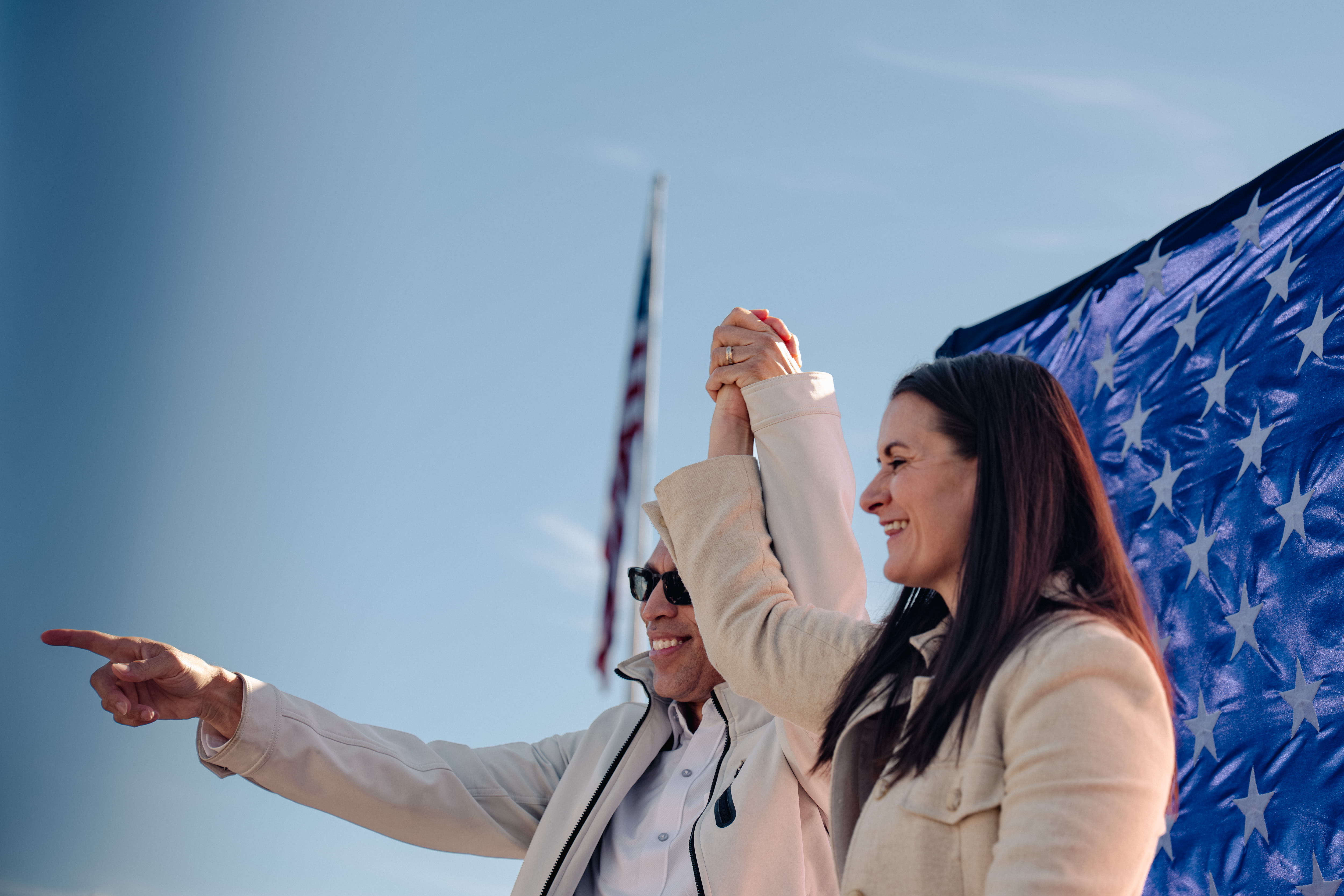 House Minority Leader Hakeem Jeffries (D-New York) and congressional candidate Cait Conley appear at a campaign rally in Peekskill, New York, on Saturday. (Shuran Huang/For The Washington Post)